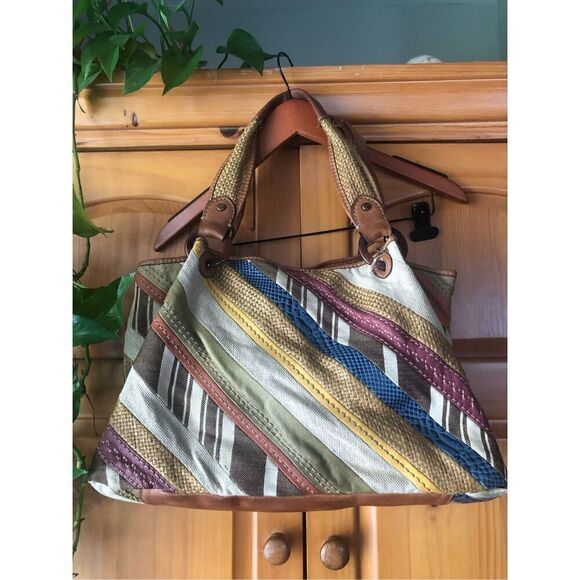 Fossil Patchwork Striped Canvas Triple Compartment Satchel - Picture 1 of 15
